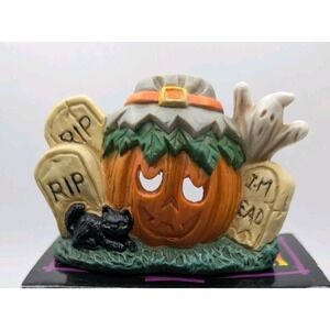 Vtg Haunted Haven Halloween Ceramic Candle Holder Jack-o'-lantern Cemetery Ghost
